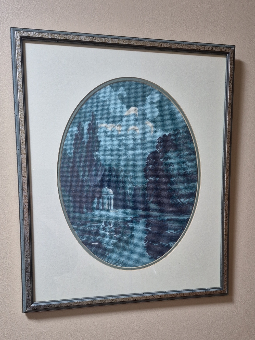 VINTAGE Handcrafted Wiehler Gobelin 'Autumn Lake' Framed Embroidered Wall Art